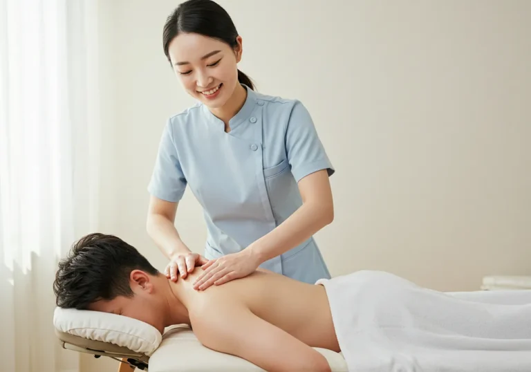 고기동 타이마사지 30년 경력 한국 여성 장인이 전통 온돌방에서 고객의 뭉친 어깨를 정통 안마 기법으로 풀어주는 세월의 내공이 담긴 시술