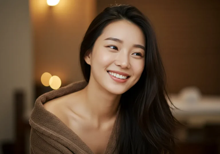 고매동 출장안마 체험 후 한복 차림으로 전통차를 음미하는 50대 한국 여성이 고즈넉한 분위기에서 심신의 안정을 되찾은 평온한 표정