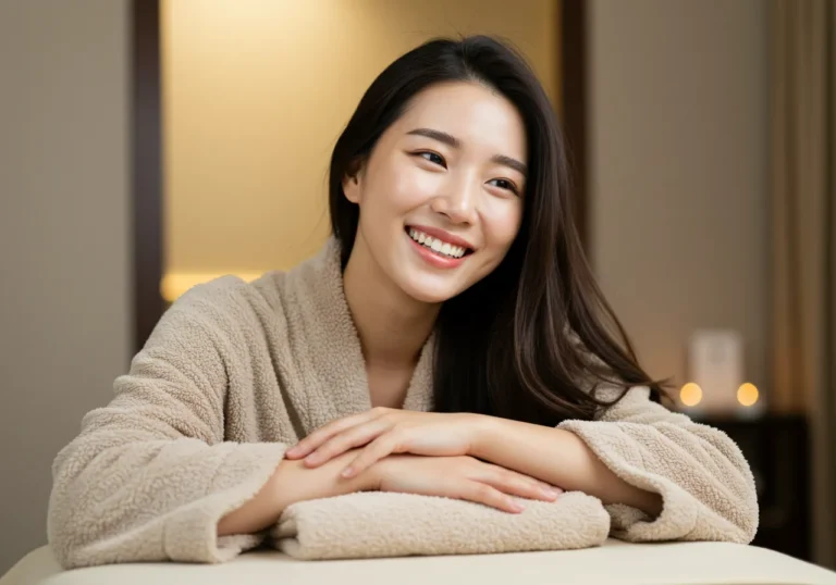 공세동 출장안마 프리미엄 케어 후 요가복 차림으로 테라스에서 명상하는 30대 한국 여성이 심신의 평화를 만끽하는 우아한 모습