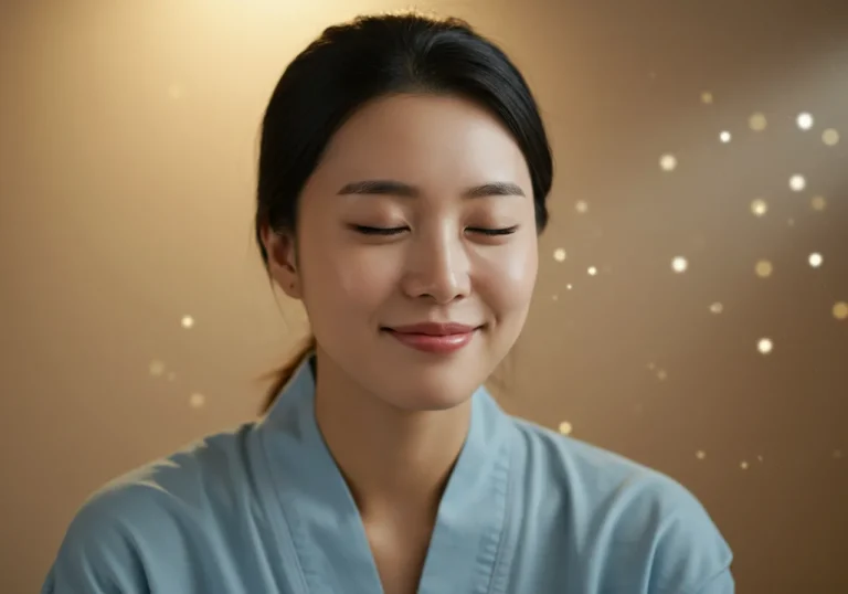 광안리 출장안마 모찌바디 이용 후 카페 운영 스트레스가 완전히 해소된 20대 한국 여성 자영업자의 평온하고 만족스러운 표정