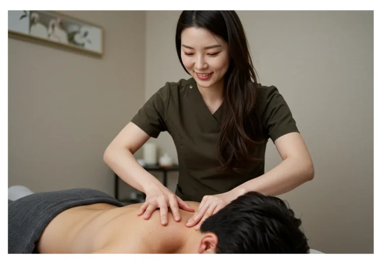 광안리 출장마사지 모찌바디 힐링 전담 한국 관리사가 부드러운 마사지 기법으로 자영업자 고객의 감성 케어를 진행하는 장면