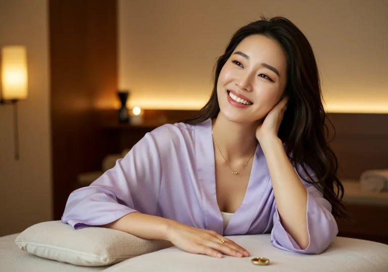 괴안동 출장안마 체험 후 빈티지 소파에서 LP 음악을 들으며 추억에 잠긴 50대 한국 남성의 행복한 미소