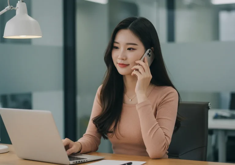 괴안동 출장마사지 유선 전화 예약하는 60대 한국 여성이 동네 이웃처럼 정겹게 모찌바디 상담원과 대화하며 편안하게 예약하는 훈훈한 장면