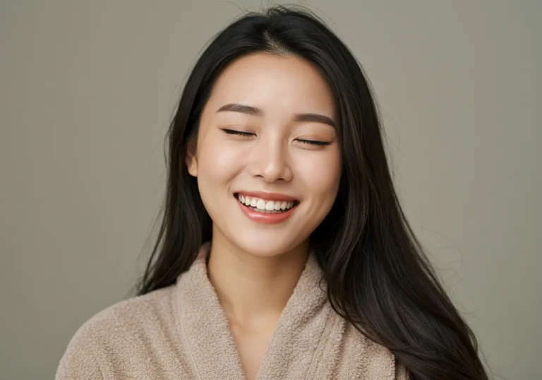 구갈동 출장안마 경험 후 밝은 미소로 만족감을 표현하는 30대 한국 여성이 거실에서 차를 마시며 여유로운 휴식을 즐기는 장면