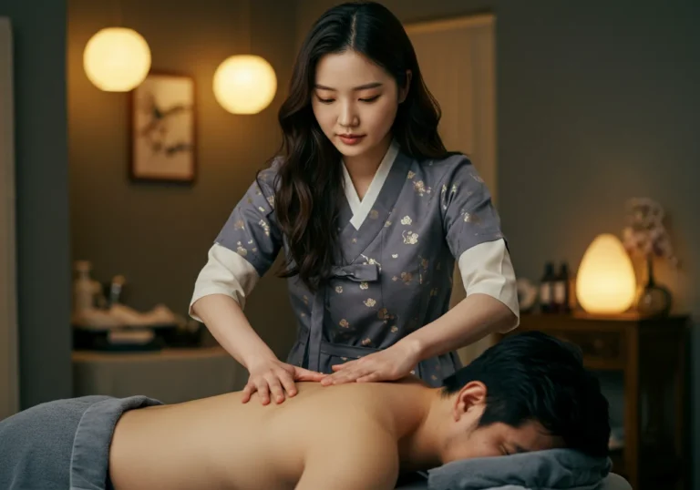 금광면타이마사지 국제 자격 보유 한국 여성 전문가가 리조트 객실에서 고객의 척추와 골반을 정밀하게 교정하는 프리미엄 시술 장면