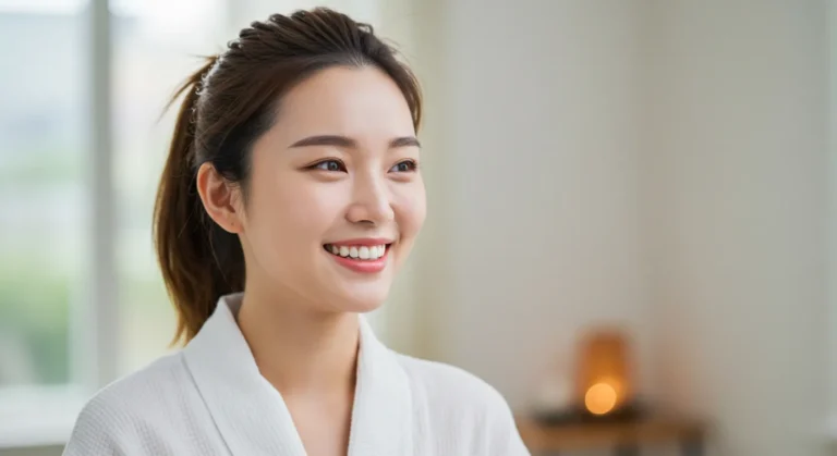 남촌동 타이마사지 모찌바디 이용 후 전원환경의 고요함 속에서 도시생활 피로가 완전히 치유된 중년 한국여성의 평온한 미소