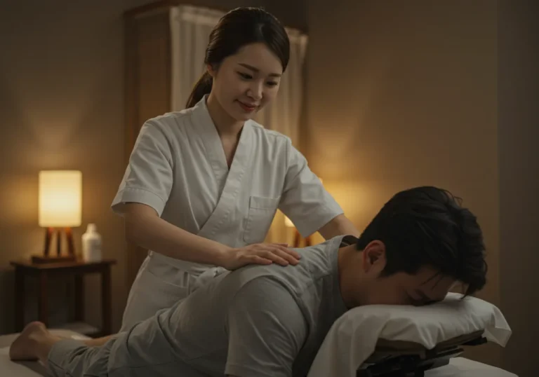 내삼미동 타이마사지를 하고 있는 한국 마사지 관리사가 관절염 완화 마사지하는 장면