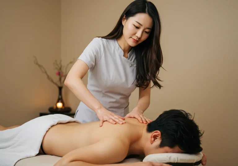 단원구타이마사지 해양 생물학 전공 한국 여성 전문가가 스파룸에서 고객에게 해초 팩을 정성껏 도포하는 탈라소 테라피 시술