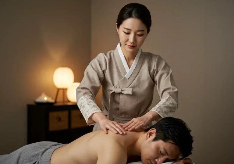 대덕구 홈타이 모찌바디 산업직 전담 한국 관리사가 강력한 마사지 압법으로 엔지니어 고객의 근육 이완을 진행하는 장면