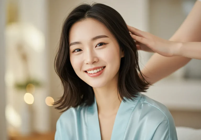 대덕면 출장안마 체험 후 한옥 마루에서 전통차를 음미하는 50대 한국 여성이 고즈넉한 분위기 속에서 심신의 안정을 찾은 평화로운 모습