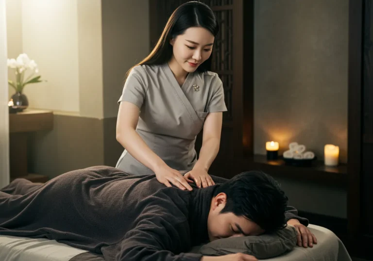 대덕면타이마사지 한의학 전공 한국 여성 전문가가 황토방에서 고객의 십이경락을 따라 정확한 혈자리를 지압하는 전통 한방 시술 현장