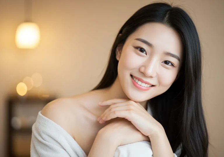 대전 홈타이 모찌바디 이용 후 깊은 만족감을 표현하는 30대 한국 여성 고객의 밝은 미소와 편안한 표정