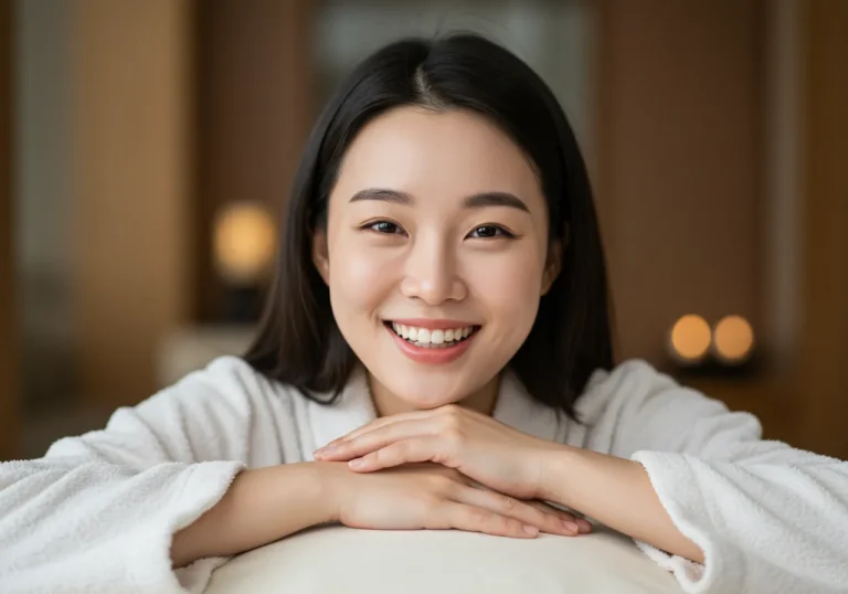 도화동 출장마사지 모찌바디 이용 후 재개발 스트레스와 이주 피로가 완전히 해소된 중년 한국여성의 안도하는 표정