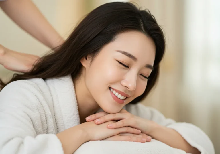 동백동 출장안마 체험 후 명상 쿠션에 앉아 마음의 평화를 되찾은 20대 한국 여성이 온화한 미소로 내면의 안정을 표현하는 힐링 완성 모습