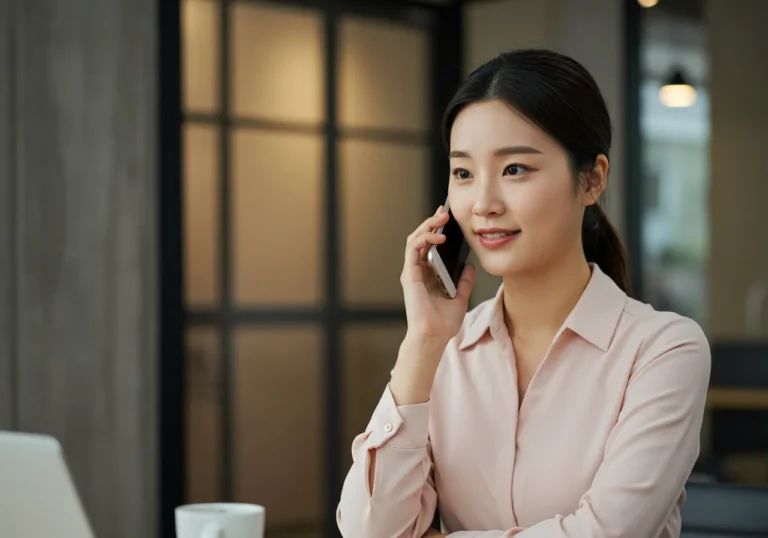 두정동 출장마사지 모찌바디 예약하려는 20대 한국 남성이 스마트폰 액정을 보며 진지하게 전화 통화하는 집중된 표정