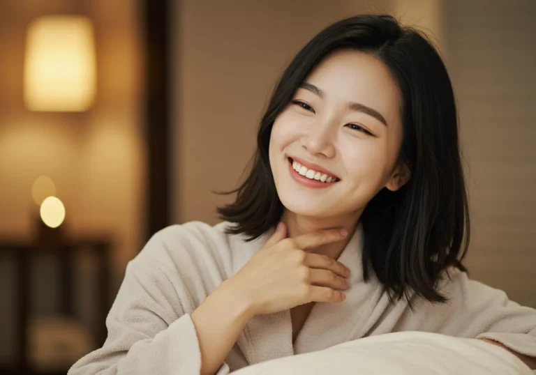 둔산동 출장마사지 모찌바디 서비스 후 극도의 만족감을 표현하는 30대 한국 여성 고객의 환한 미소와 여유로운 모습