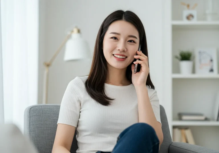 둔산동 타이마사지 모찌바디 VIP 예약을 위해 스마트폰으로 전용 상담라인에 전화하는 한국인의 우아한 통화 모습