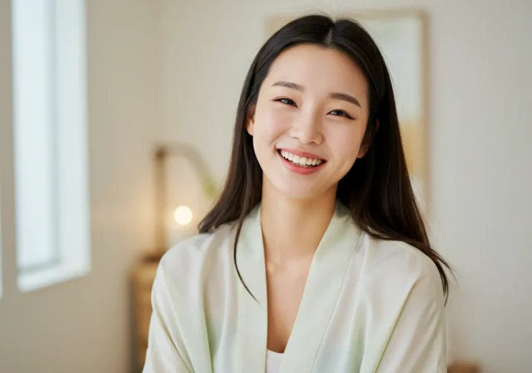 마북동 출장안마 경험 후 정원에서 허브차를 마시며 자연을 만끽하는 40대 한국 여성이 도시 스트레스에서 벗어난 평화로운 표정