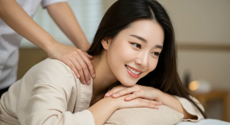 마전동 타이마사지 모찌바디 이용 후 전원환경의 조용함과 어우러져 완전한 평온함을 얻은 중년 한국여성의 만족한 미소