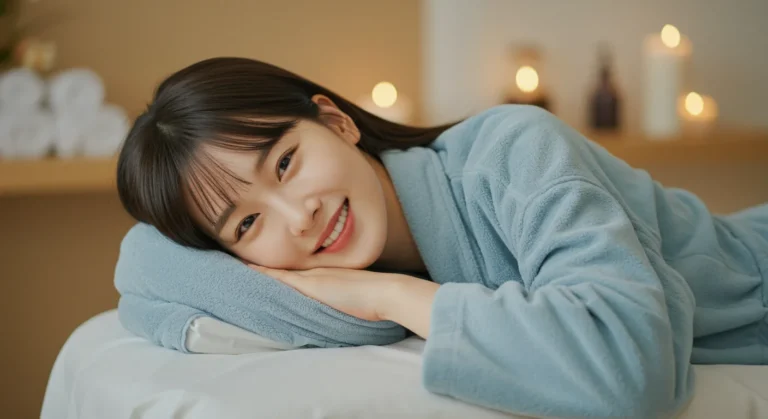 모찌바디 홈타이 이용 후 만족하는 한국 여성이 건강해진 모습으로 감사인사 전하는 장면