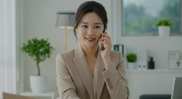모찌바디 출장마사지를 전화로 예약하는 한국 사람이 스마트폰 앱에서 실시간 예약시스템 이용하는 모습