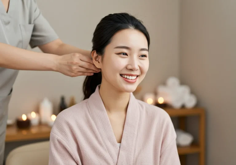 반월동 출장안마 후 사무실에서 개운한 표정으로 업무에 복귀하는 40대 한국 남성의 활력 넘치는 모습