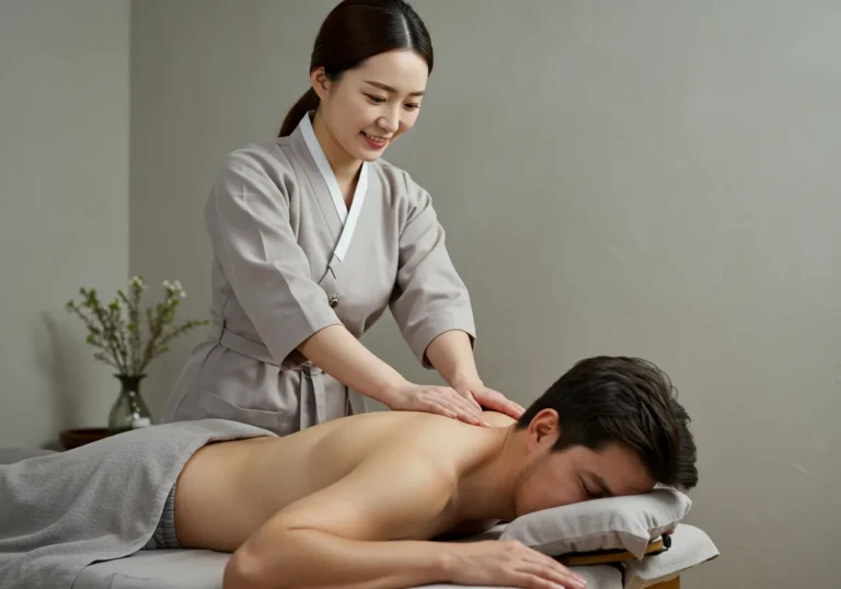반월동타이마사지 산업보건 전문 한국 여성 관리사가 사무실 휴게실에서 고객의 어깨와 허리를 직업병 예방 기법으로 전문적으로 케어하는 시술