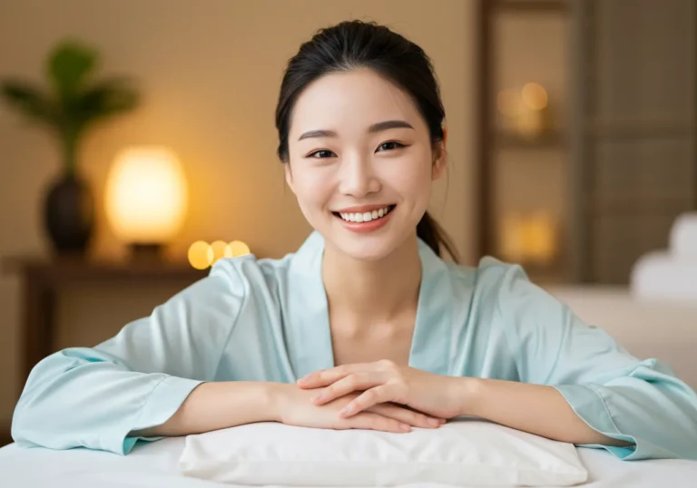 배방 출장마사지 모찌바디 관리를 받은 신도시 이사 온 30대 한국 여성이 이사 스트레스가 완전히 해소된 듯 밝은 미소로 안정감을 표현하는 모습