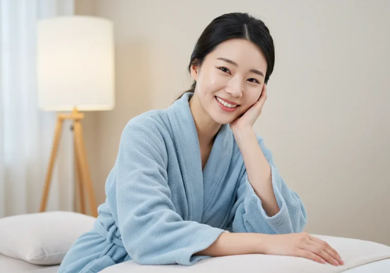 범박동 출장안마 후 베란다 정원에서 허브차를 마시며 자연을 만끽하는 40대 한국 여성의 평온한 휴식 장면