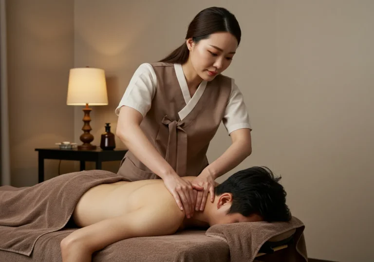 범박동타이마사지 자연 요법 전문 한국 여성 힐러가 거실에서 고객에게 천연 아로마 오일로 전신을 정성껏 마사지하는 친환경 시술