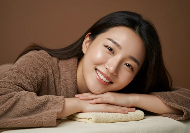 보개면 출장안마 체험 후 전원주택 마당에서 허브차를 마시며 자연을 만끽하는 40대 한국 여성의 평온한 휴식 장면