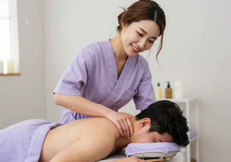 보개면타이마사지 자연 요법 전문 한국 여성 힐러가 온돌방에서 고객의 경락을 약초 오일로 정성껏 마사지하는 전통 자연 치유 시술