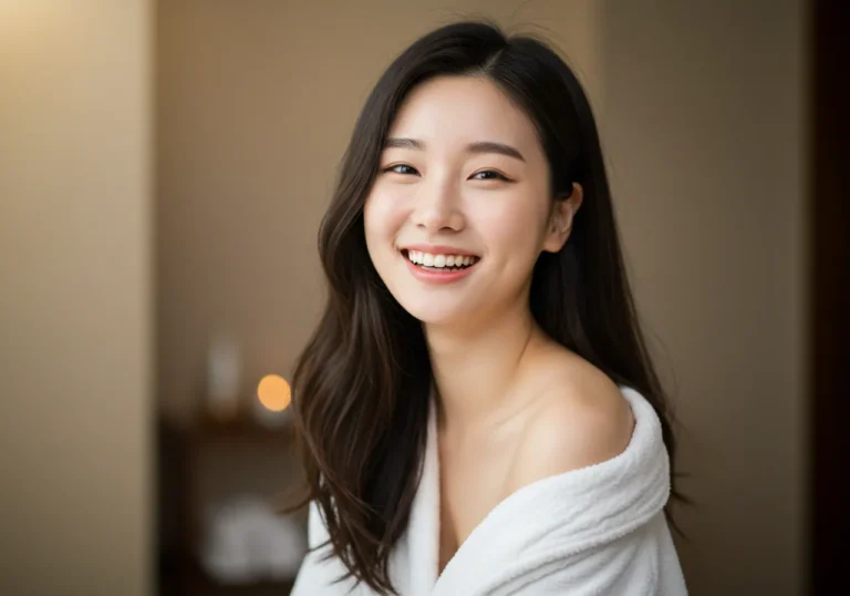 보라동 출장안마 서비스 받은 후 활짝 웃으며 홈트레이닝 기구 옆에서 활력 넘치는 포즈를 취하는 40대 한국 여성의 건강 회복 장면
