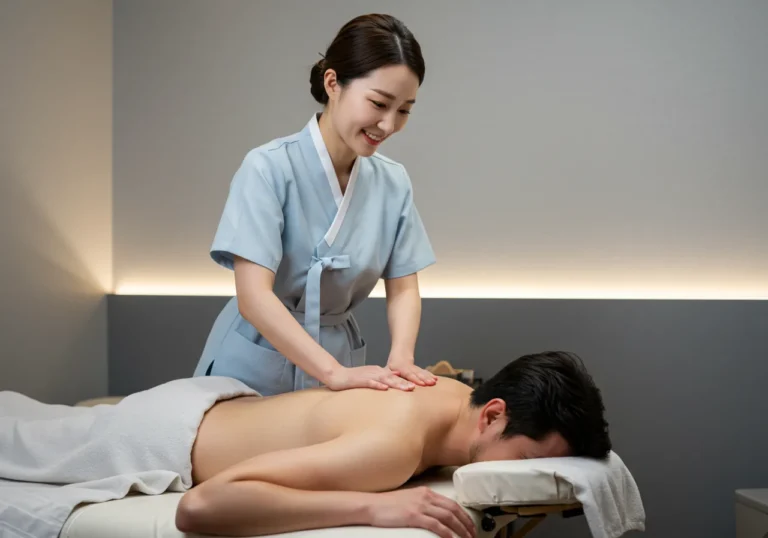 보라동타이마사지 국제 라이선스 한국 여성 마스터가 거실에서 고객의 림프절과 혈자리를 정확하게 자극하는 전통 동양 의학 기반 전문 시술