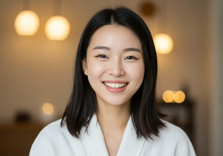 본오동 출장안마 후 갤러리 카페에서 예술 작품을 감상하며 휴식하는 20대 한국 여성의 감성적이고 여유로운 모습