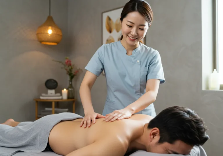 본오동 타이마사지 예술 치료 전문 한국 여성 테라피스트가 아트 스튜디오에서 고객에게 컬러 테라피와 함께 아로마 마사지를 시술하는 창의적 케어