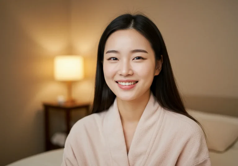 봉명동 타이마사지 모찌바디 케어를 받은 20대 후반 젊은 한국 여성이 육아 스트레스가 완전히 풀린 듯 활기찬 미소를 보이는 상쾌한 모습