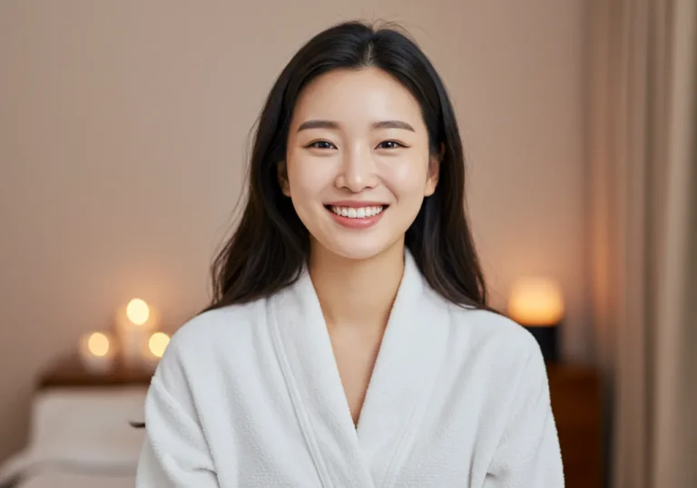 부곡동 출장안마 체험 후 루프탑 카페에서 선셋을 바라보며 디저트를 즐기는 20대 한국 여성의 감성적인 휴식 장면