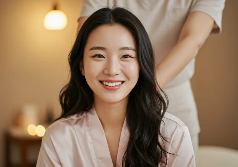 부산 홈타이 모찌바디 이용 완료 후 도시 생활 스트레스가 완전히 해소된 30대 한국 여성의 개운하고 만족스러운 표정