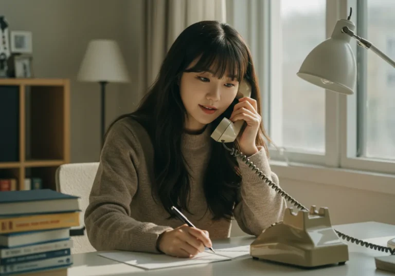 부산 타이마사지 모찌바디 예약을 위해 스마트폰으로 고객센터에 상담 전화를 걸고 있는 한국인의 자연스러운 통화 장면