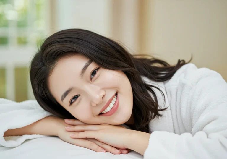 부천 출장안마 경험 후 상동호수공원이 보이는 거실에서 편안한 미소로 휴식을 취하는 30대 한국 여성의 활력 넘치는 모습