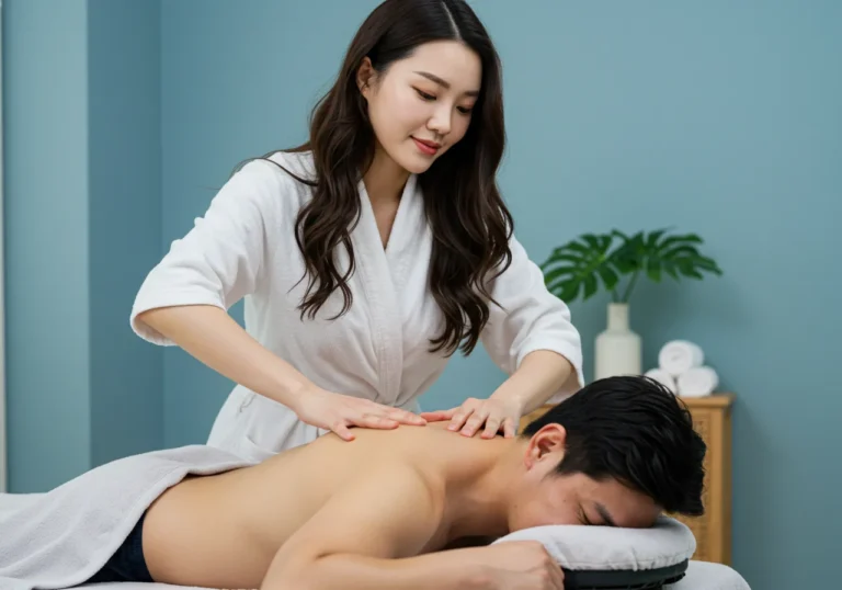 부천타이마사지 국가 공인 자격증 보유 한국 여성 전문가가 고객 자택에서 목과 어깨 근육을 섬세한 손길로 풀어주는 전문 시술 장면