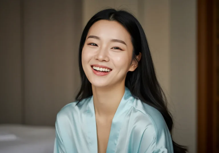 불당동 출장마사지 모찌바디 럭셔리 케어를 받은 품격 있는 40대 한국 여성이 우아한 미소로 만족감을 표현하는 세련된 모습
