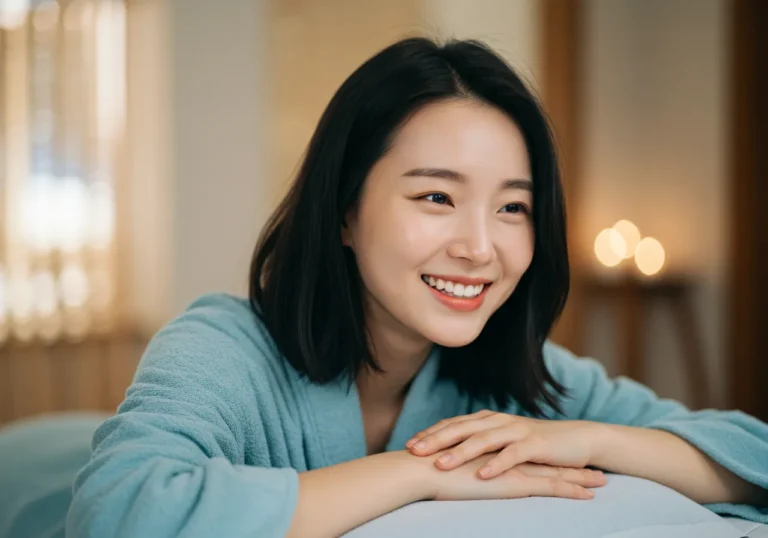 상갈동 출장안마 서비스 후 편안한 표정으로 스트레칭하는 40대 한국 남성이 서재에서 활력을 되찾은 모습을 보여주는 만족 후기