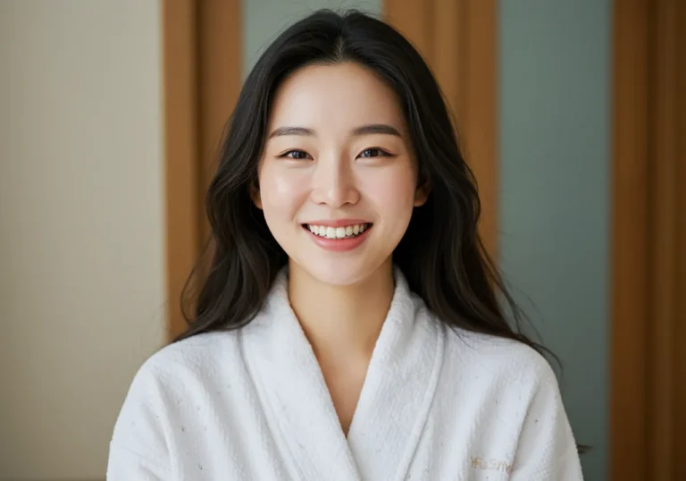 상록구 출장안마 체험 후 안산호수공원이 보이는 거실에서 상쾌한 미소로 휴식을 취하는 30대 한국 여성의 활력 넘치는 모습