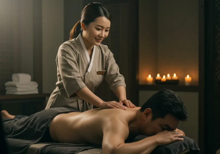 상하동타이마사지 해양 생물학 전공 한국 여성 테라피스트가 스파룸에서 고객 전신에 해초 팩을 정성껏 도포하는 전문 탈라소 테라피 시술