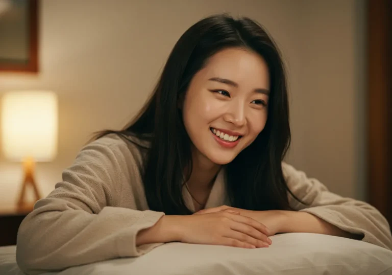 상현동 출장안마 체험 후 상쾌한 기분으로 거실 소파에서 독서하는 30대 한국 여성이 몸과 마음이 편안해진 만족스러운 표정