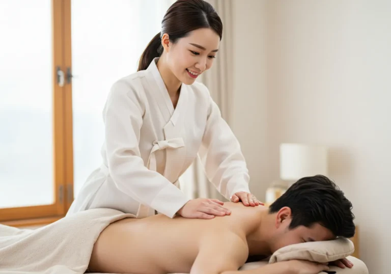 상현동타이마사지 마스터 자격 한국 여성 전문가가 침실에서 고객의 척추와 골반 정렬을 정밀하게 교정하는 고난도 전문 시술 과정