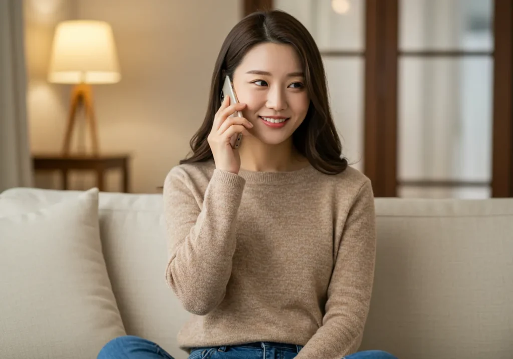 서울 출장마사지를 전화로 예약하는 한국 사람이 강남역 오피스빌딩에서 야근중 새벽예약하는 모습