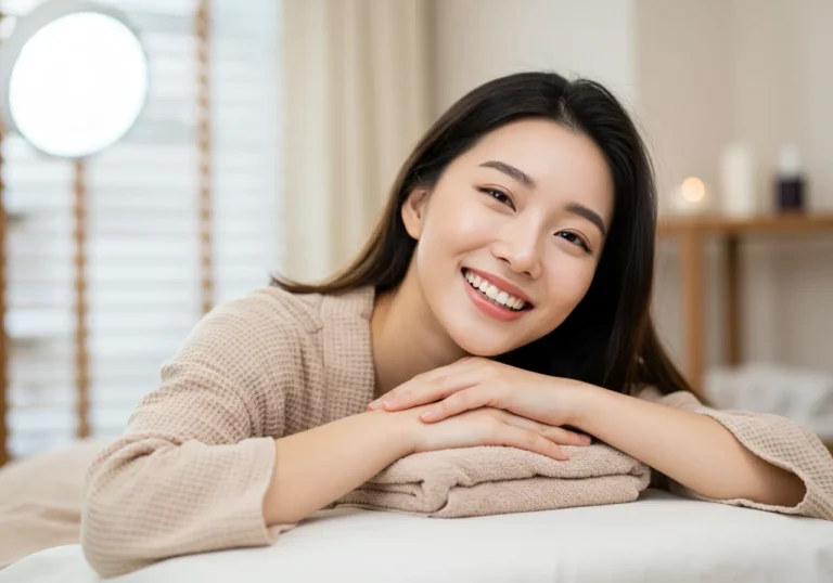 석정동 출장안마 VIP 케어 후 펜트하우스 테라스에서 와인을 즐기는 30대 한국 여성의 우아하고 여유로운 모습